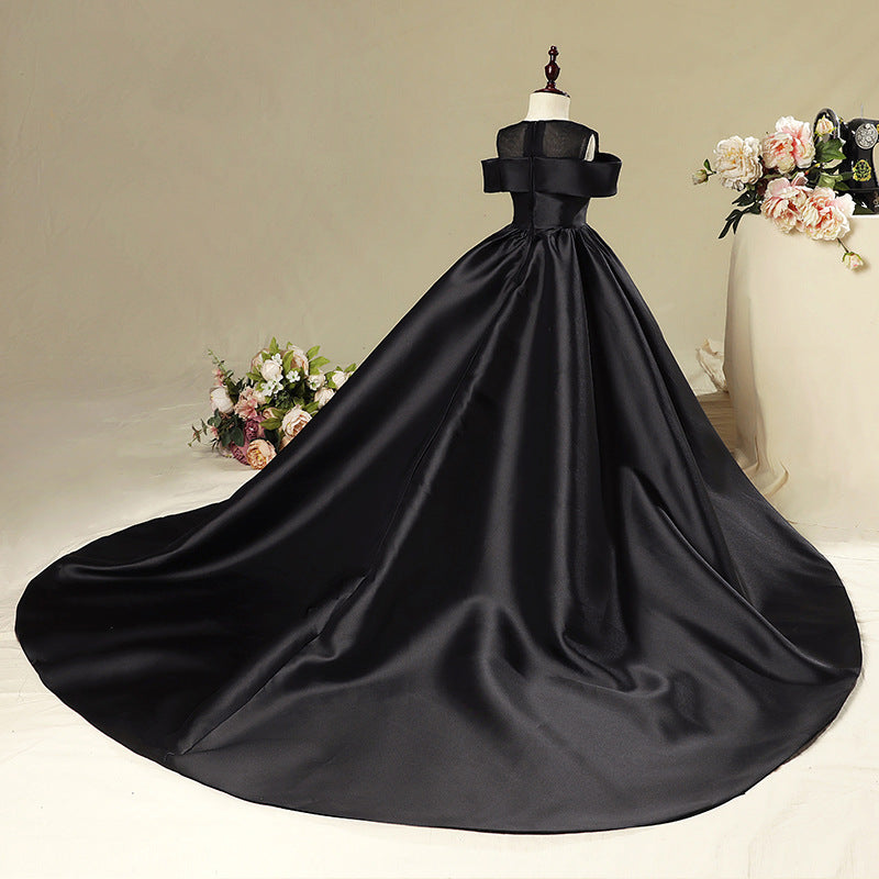 Black Organza A-Line Flower Girl Dress Cold Shoulder Ruffle