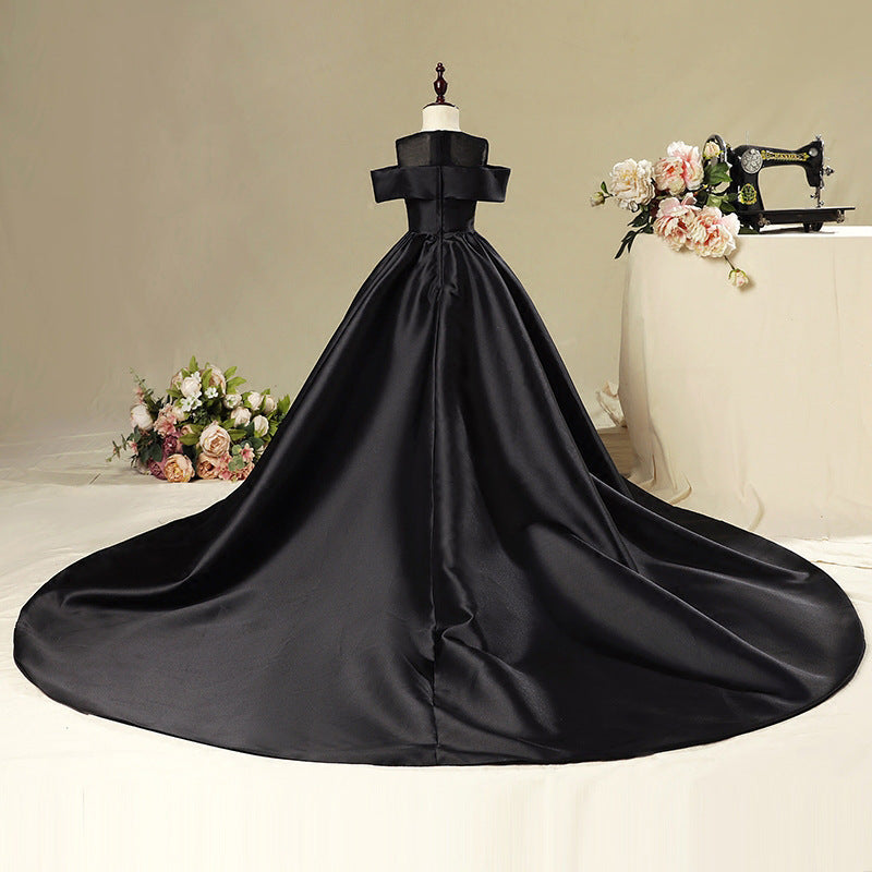 Black Organza A-Line Flower Girl Dress Cold Shoulder Ruffle
