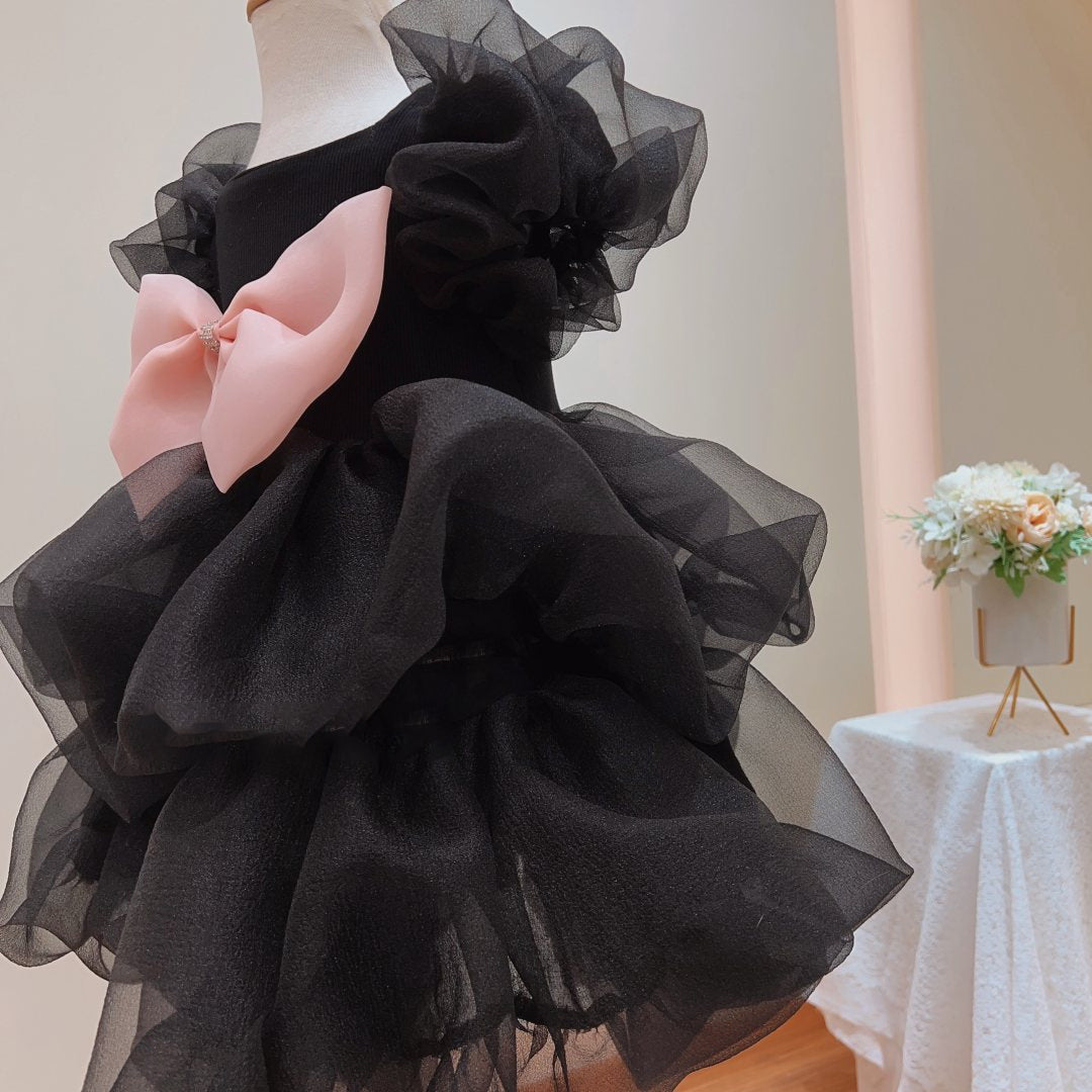 Black Organza A-Line Flower Girl Dress with Puff Sleeves