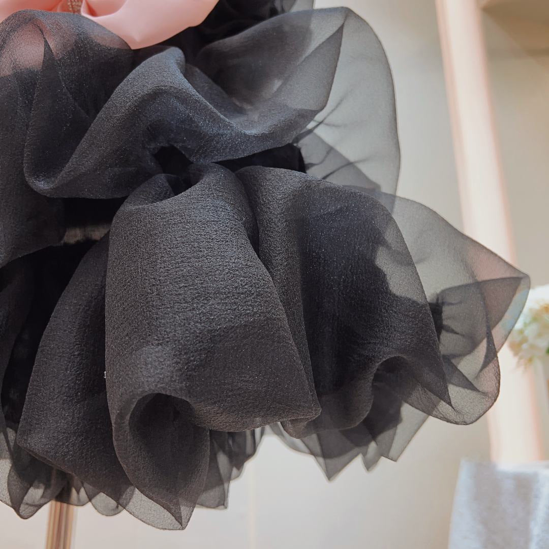 Black Organza A-Line Flower Girl Dress with Puff Sleeves