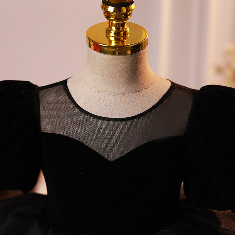 Black Organza Princess Dress for Girls – Tiered Skirt, Formal Puff Sleeves, Special Occasions
