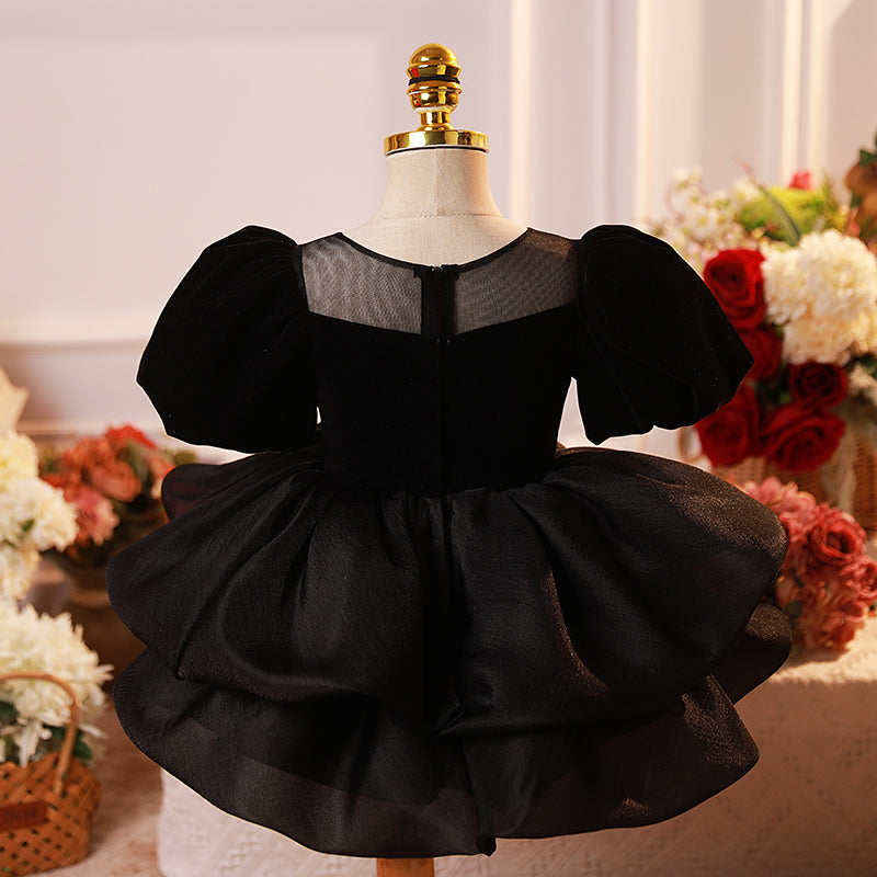Black Organza Princess Dress for Girls – Tiered Skirt, Formal Puff Sleeves, Special Occasions