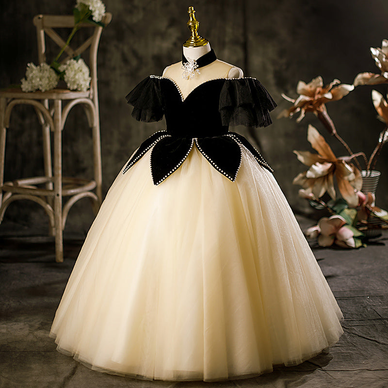 Black Princess Tulle Flower Girl Dress - Beaded Cold Shoulder