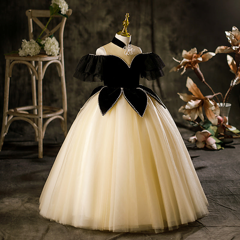 Black Princess Tulle Flower Girl Dress - Beaded Cold Shoulder