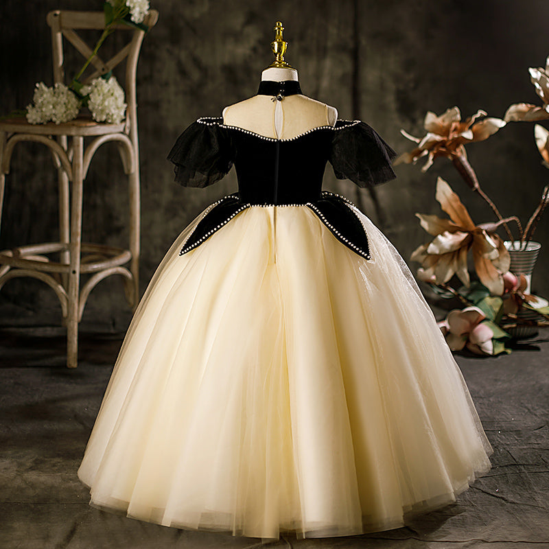 Black Princess Tulle Flower Girl Dress - Beaded Cold Shoulder