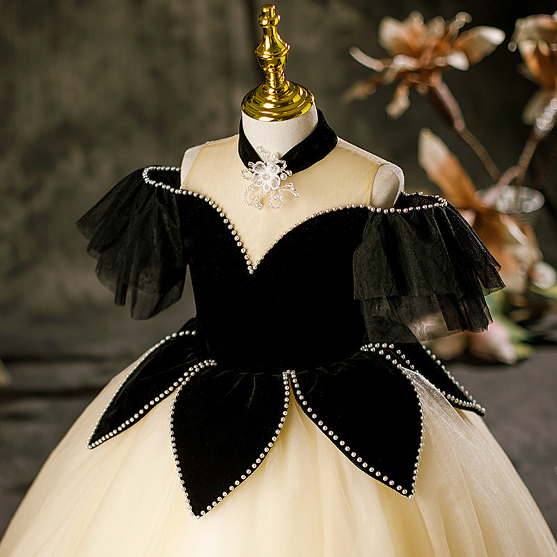 Black Princess Tulle Flower Girl Dress - Beaded Cold Shoulder