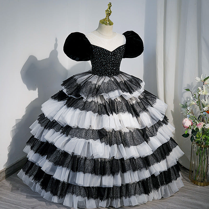 Black Princess Tulle Flower Girl Dress with Puff Sleeves