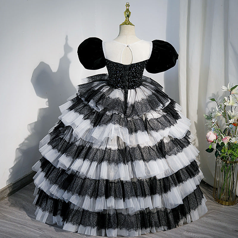 Black Princess Tulle Flower Girl Dress with Puff Sleeves