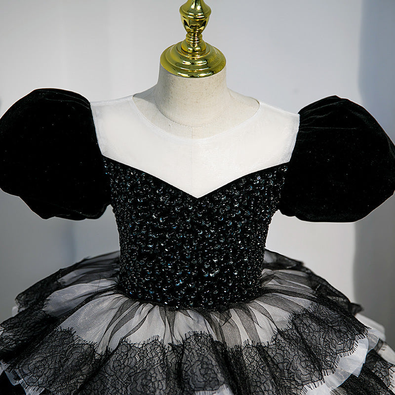 Black Princess Tulle Flower Girl Dress with Puff Sleeves