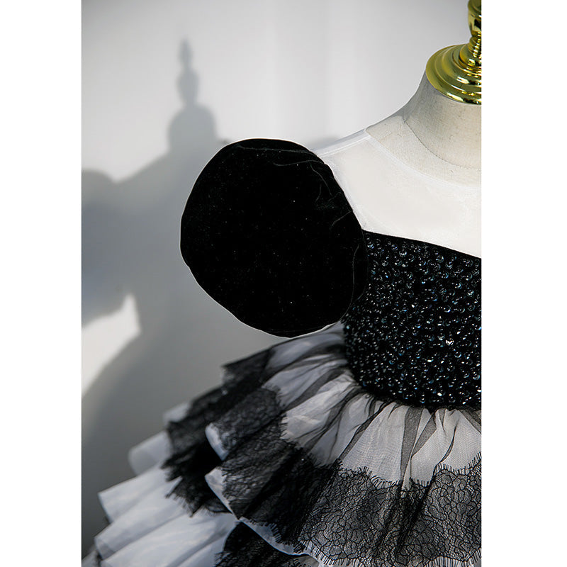 Black Princess Tulle Flower Girl Dress with Puff Sleeves