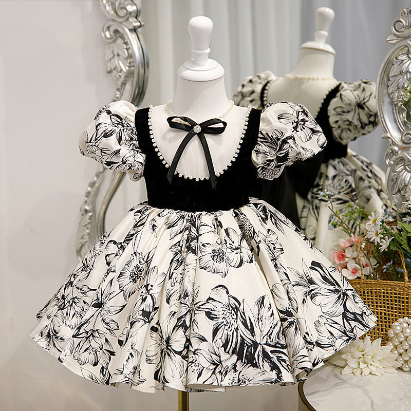 Black Satin Princess Flower Girl Dress Beaded Bow Short Puff