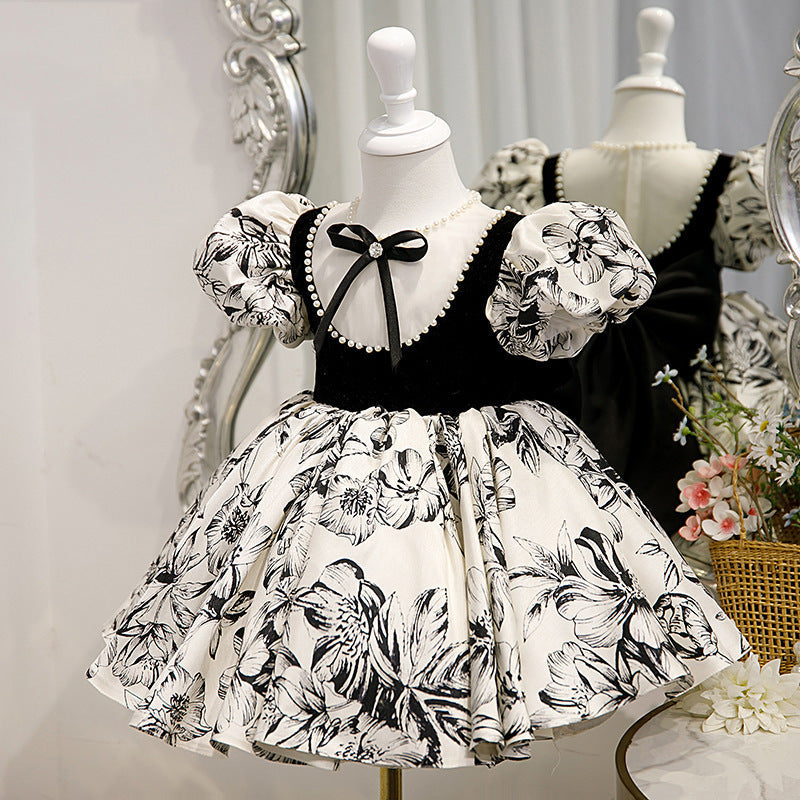 Black Satin Princess Flower Girl Dress Beaded Bow Short Puff