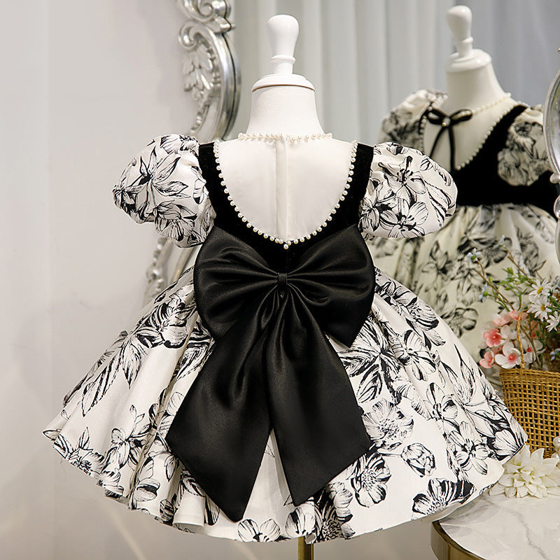 Black Satin Princess Flower Girl Dress Beaded Bow Short Puff