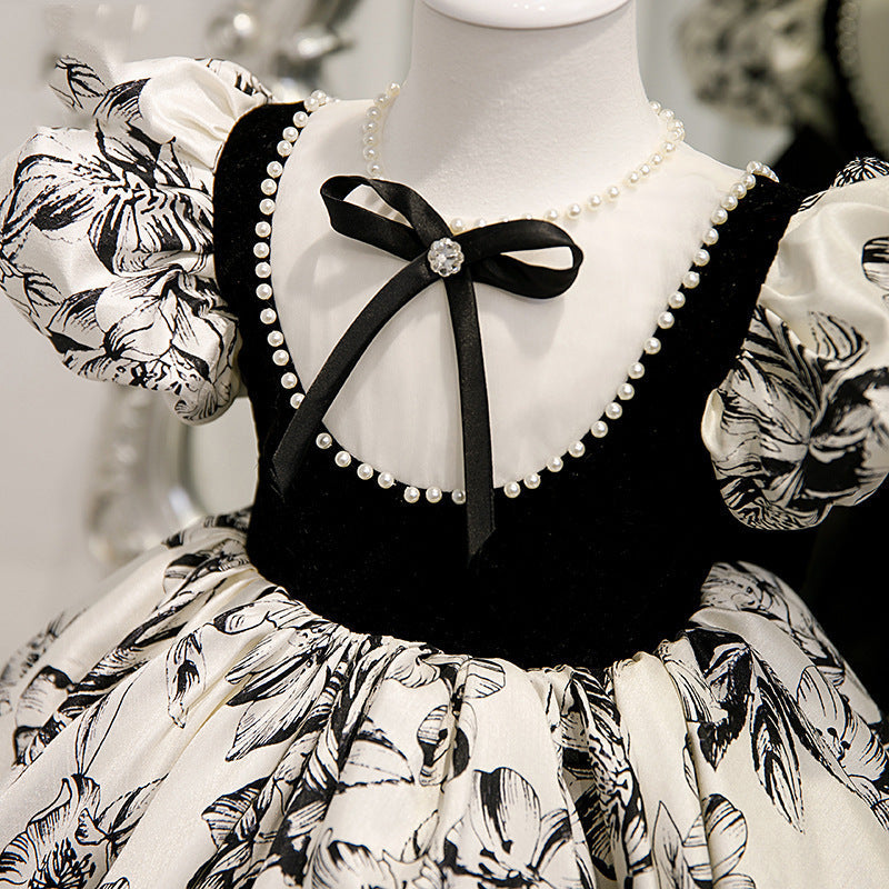 Black Satin Princess Flower Girl Dress Beaded Bow Short Puff
