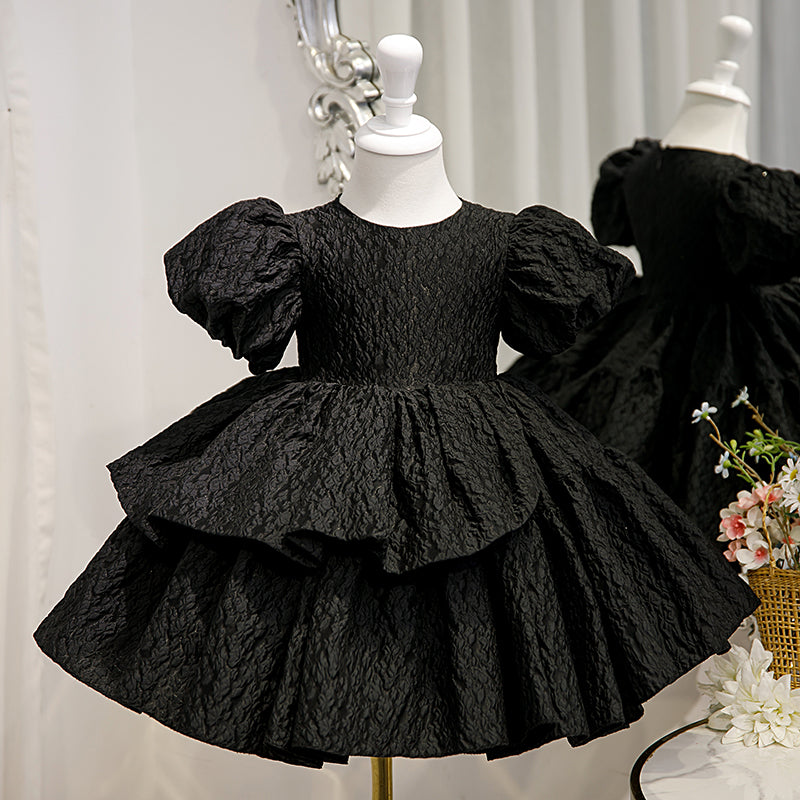 Black Satin Princess Flower Girl Dress Short Puff Sleeve Tea