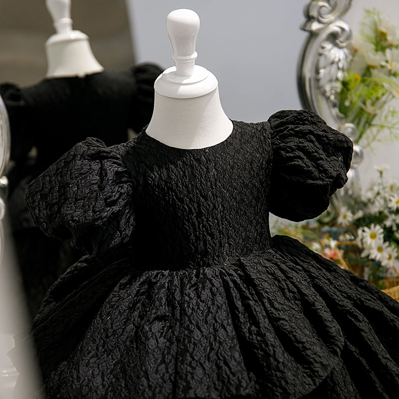 Black Satin Princess Flower Girl Dress Short Puff Sleeve Tea