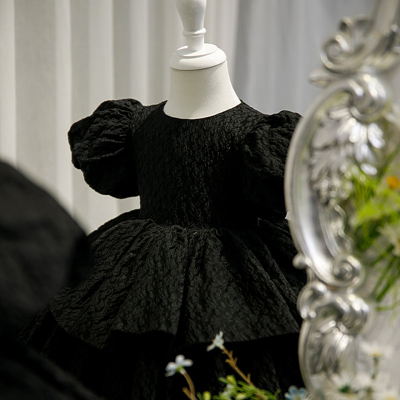 Black Satin Princess Flower Girl Dress Short Puff Sleeve Tea