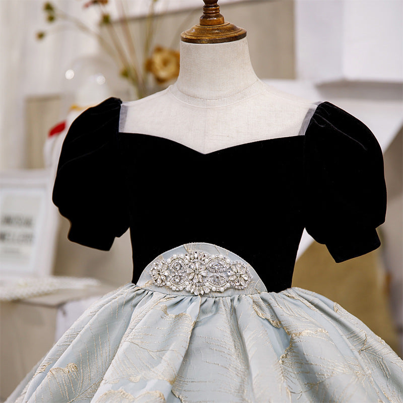 Black Satin Velvet Flower Girl Dress | Square Neck