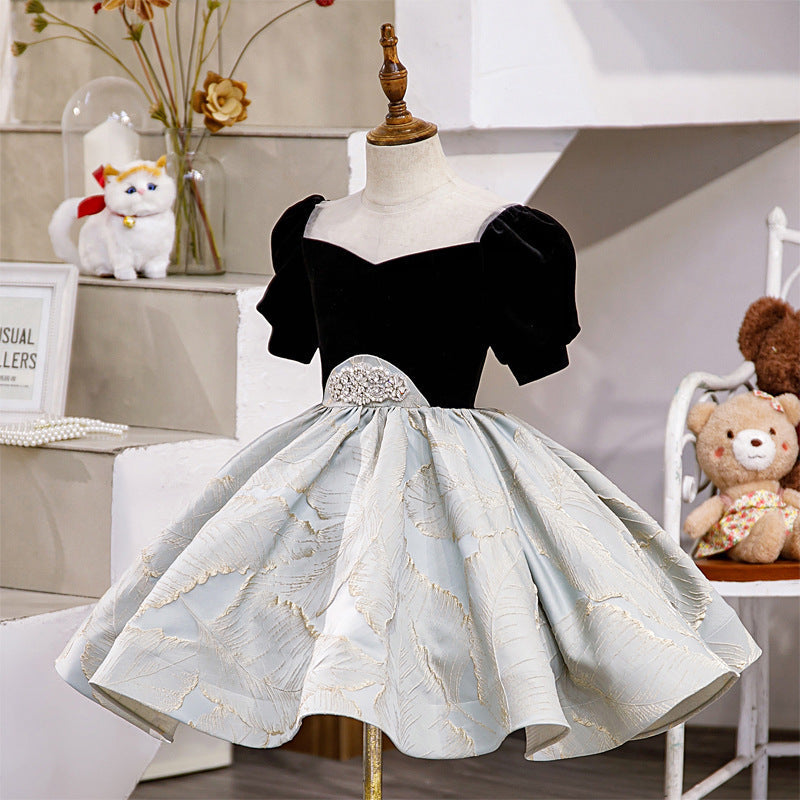Black Satin Velvet Flower Girl Dress | Square Neck