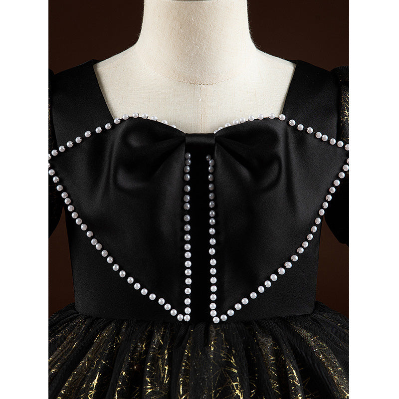 Black Sequin A-Line Flower Girl Dress Beaded Short Puff Floor