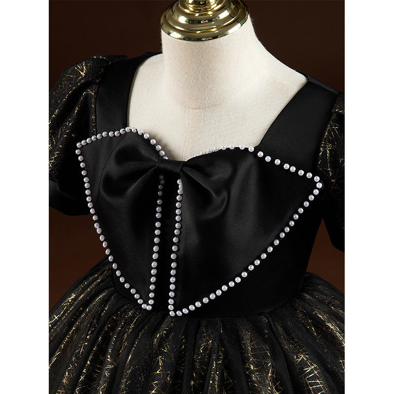 Black Sequin A-Line Flower Girl Dress Beaded Short Puff Floor