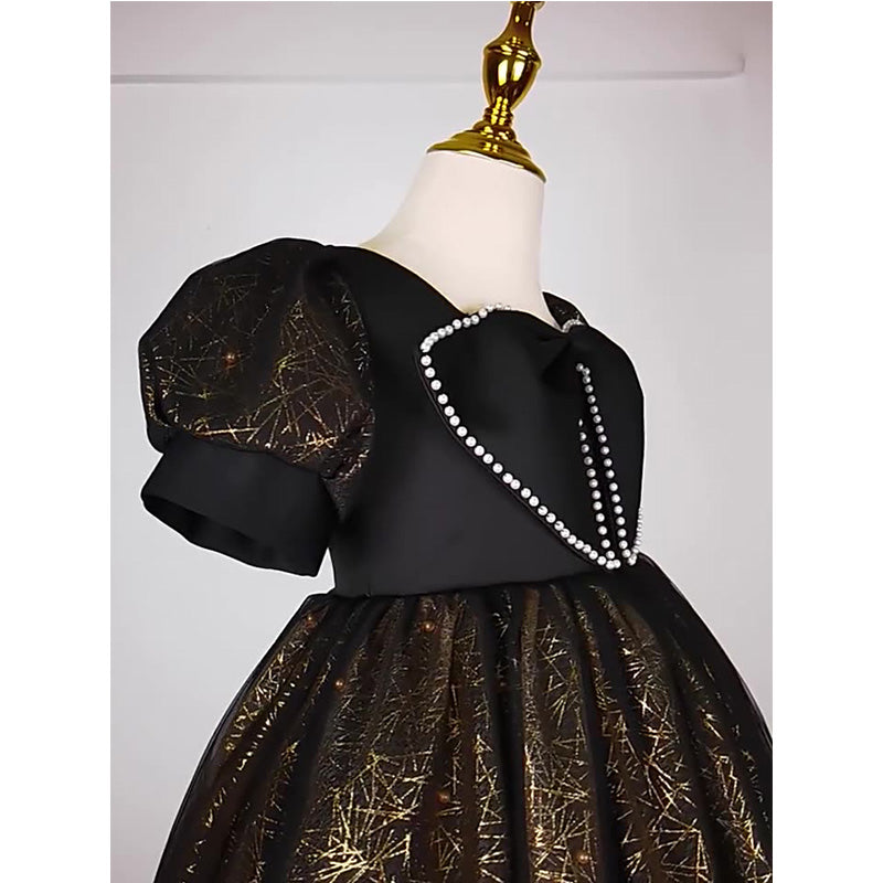 Black Sequin A-Line Flower Girl Dress Beaded Short Puff Floor