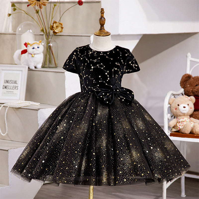 Black Sequin A-Line Flower Girl Dress with Cap Sleeves