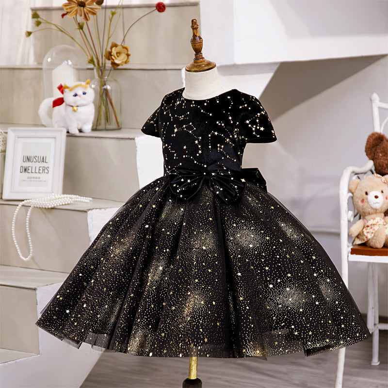 Black Sequin A-Line Flower Girl Dress with Cap Sleeves