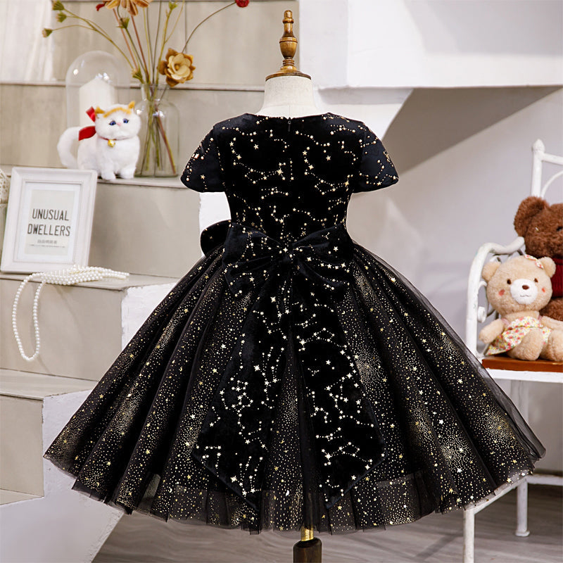 Black Sequin A-Line Flower Girl Dress with Cap Sleeves