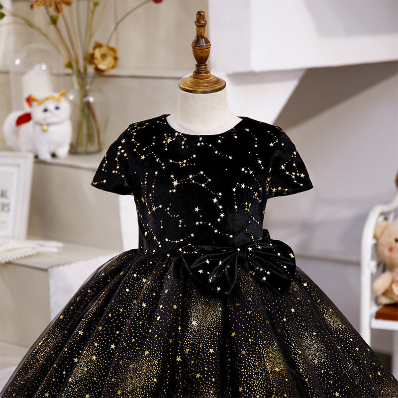 Black Sequin A-Line Flower Girl Dress with Cap Sleeves