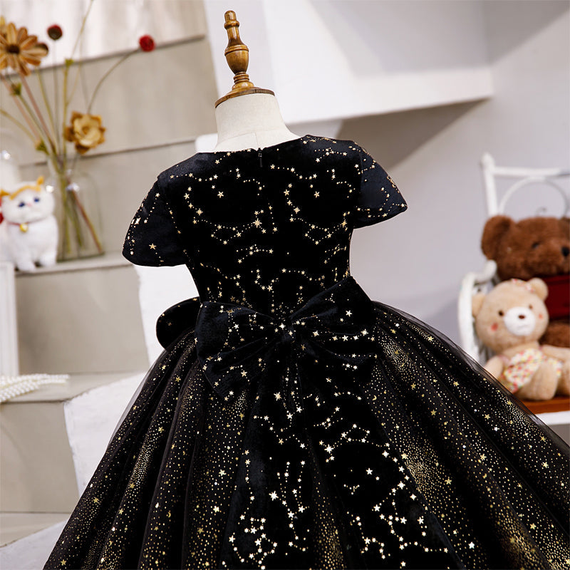 Black Sequin A-Line Flower Girl Dress with Cap Sleeves