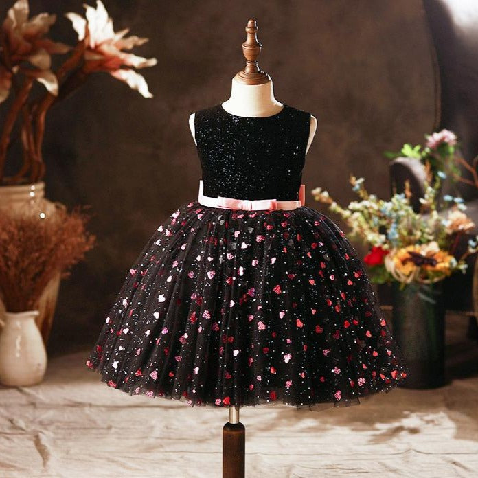 Black Sequin Flower Girl Dress: Sleeveless A-Line Bow