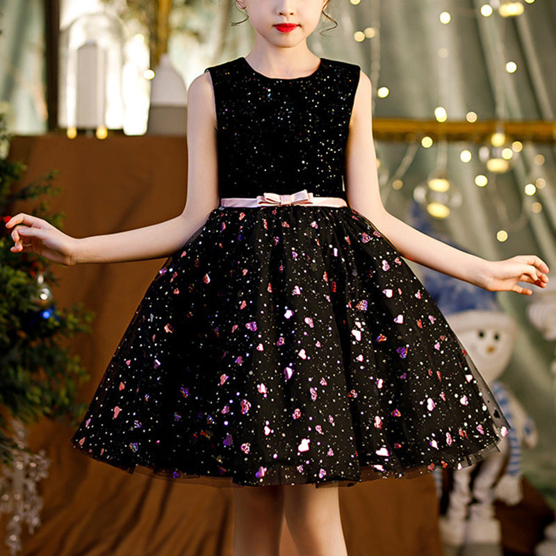 Black Sequin Flower Girl Dress: Sleeveless A-Line Bow