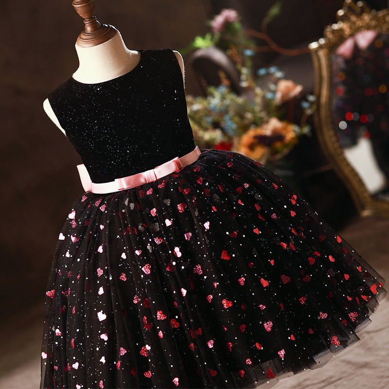 Black Sequin Flower Girl Dress: Sleeveless A-Line Bow
