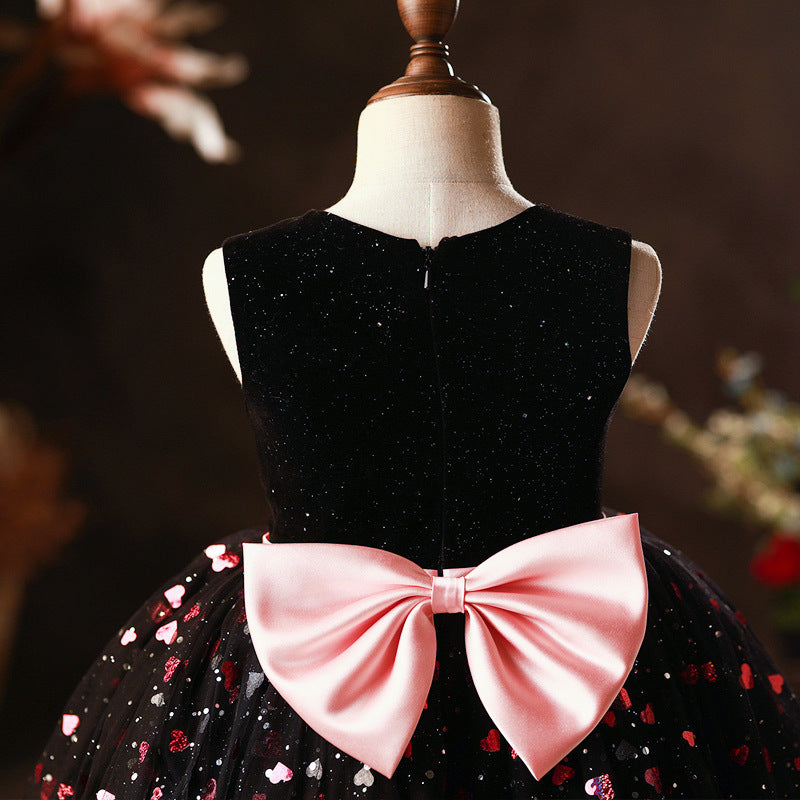 Black Sequin Flower Girl Dress: Sleeveless A-Line Bow