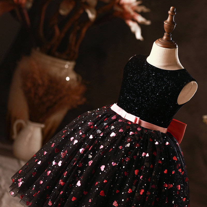 Black Sequin Flower Girl Dress: Sleeveless A-Line Bow