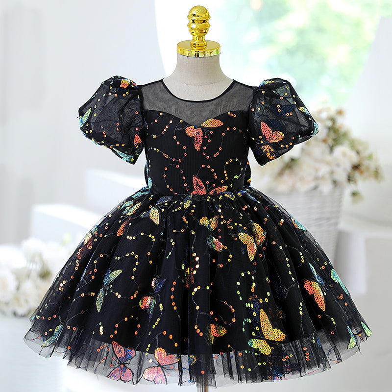 Black Sequin Princess Flower Girl Dress Short Puff Sleeve Knee