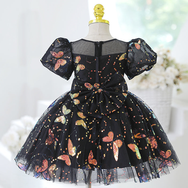 Black Sequin Princess Flower Girl Dress Short Puff Sleeve Knee