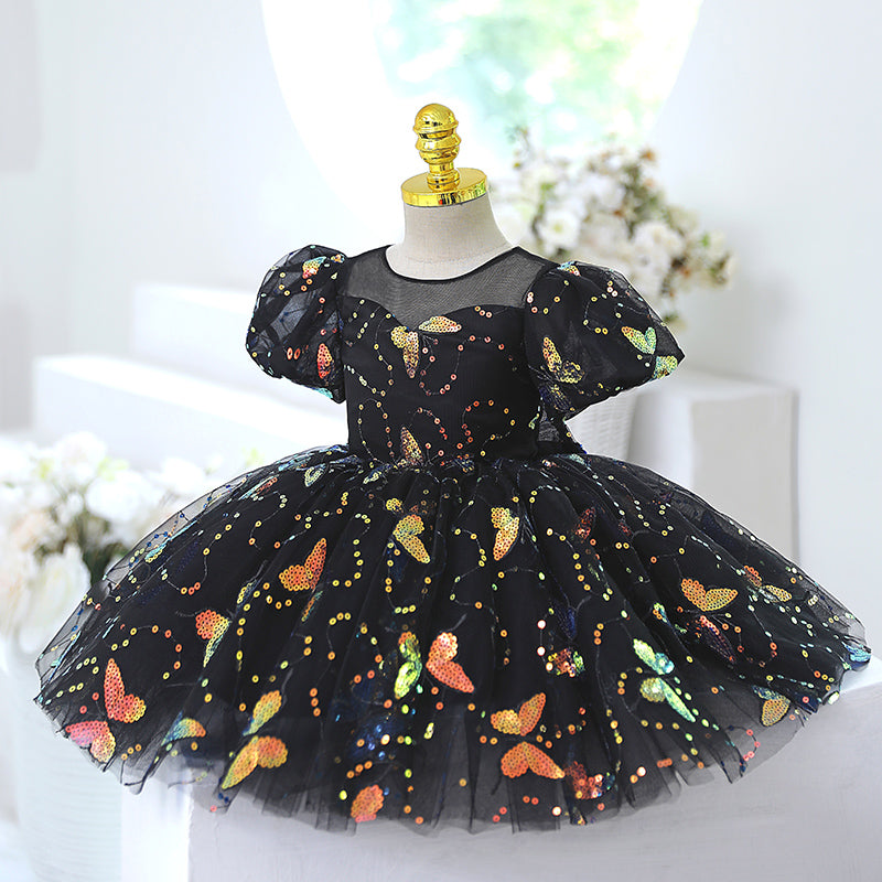 Black Sequin Princess Flower Girl Dress Short Puff Sleeve Knee