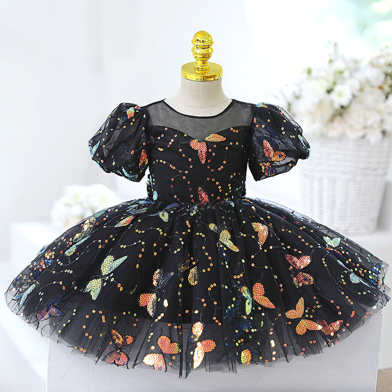 Black Sequin Princess Flower Girl Dress Short Puff Sleeve Knee