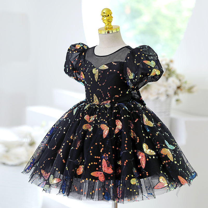 Black Sequin Princess Flower Girl Dress Short Puff Sleeve Knee