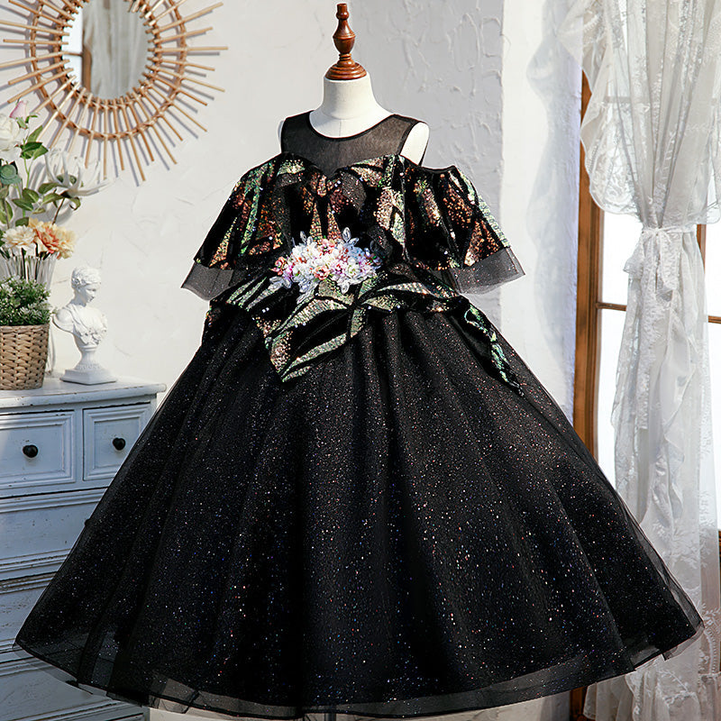 Black Sequined A-Line Flower Girl Dress - Cold Shoulder