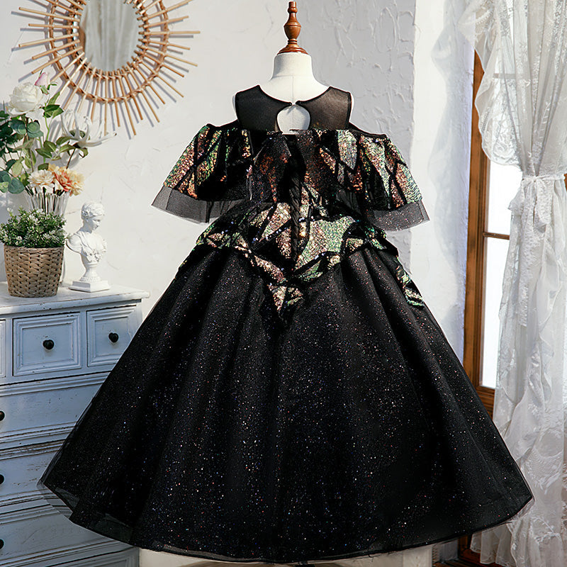 Black Sequined A-Line Flower Girl Dress - Cold Shoulder