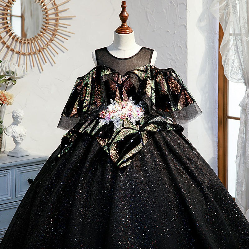 Black Sequined A-Line Flower Girl Dress - Cold Shoulder
