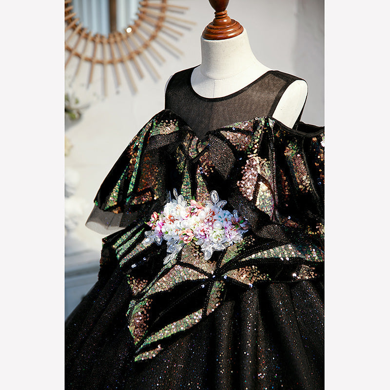 Black Sequined A-Line Flower Girl Dress - Cold Shoulder