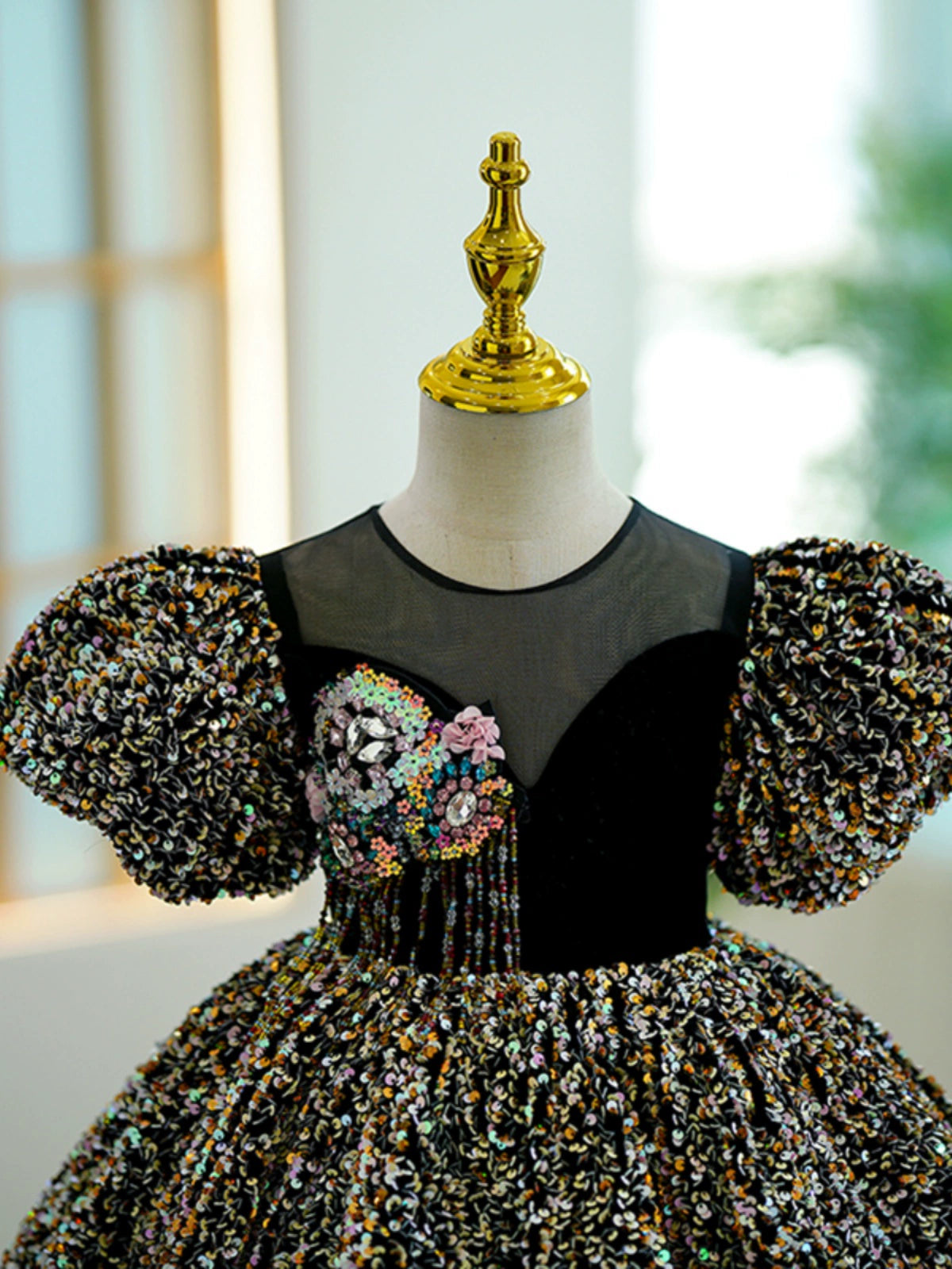 Black Sequined Ball Gown Dress for Girls – Short Sleeve Knee Length Party Dress
