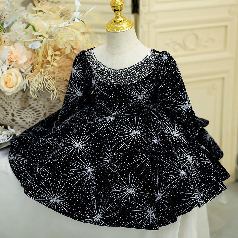Black Sequined Princess Flower Girl Dress Beaded Lantern Sleeve