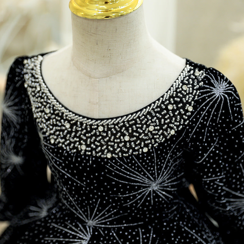 Black Sequined Princess Flower Girl Dress Beaded Lantern Sleeve