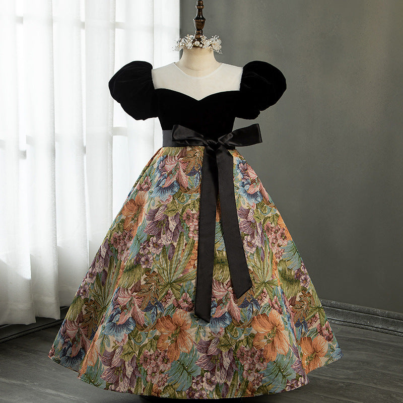 Black Velvet A-Line Flower Girl Dress V-Neck Flower