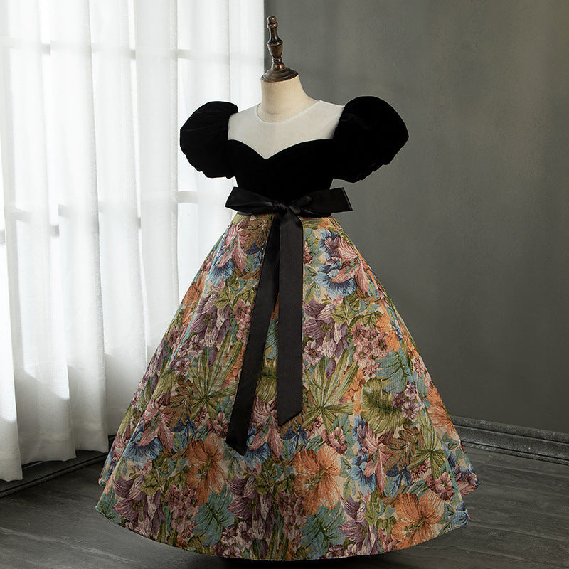 Black Velvet A-Line Flower Girl Dress V-Neck Flower